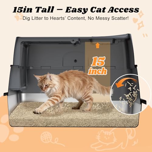Enclosed Stainless Steel Cat Litter Box with Lid High Sided (Transparent Grey / X-Large)
