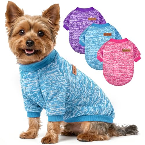 3 Pack Dog Sweaters for Small Dogs Girl Boy Winter Fleece Clothes Warm Soft Dog Sweatshirt Outfit for Dogs Cats Pet Apparel (Rose+Light Blue+Purple / M (Back: 13.7", Chest: 17.7", 10-14 lbs))