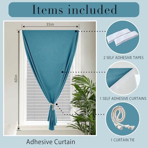 100% Blackout Magic Tape Stick On Curtains Window Shades Pull Down Blackout Window Cover No Drillng Self Adhesive Curtains No Rod Small Windows (34"W x 60"L (Pack of 1) / Stone Blue)
