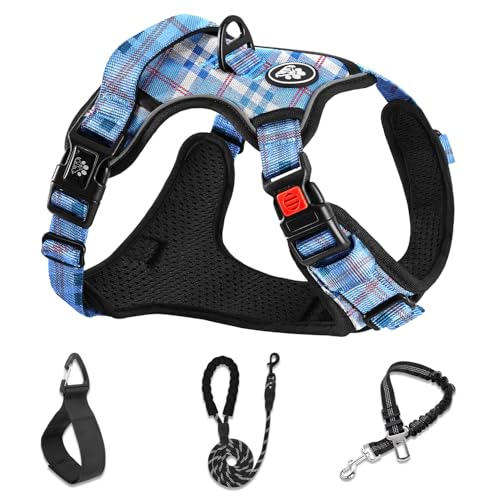 Reflective Dog Harness for Large Dogs (Checkered Blue / X-Large)