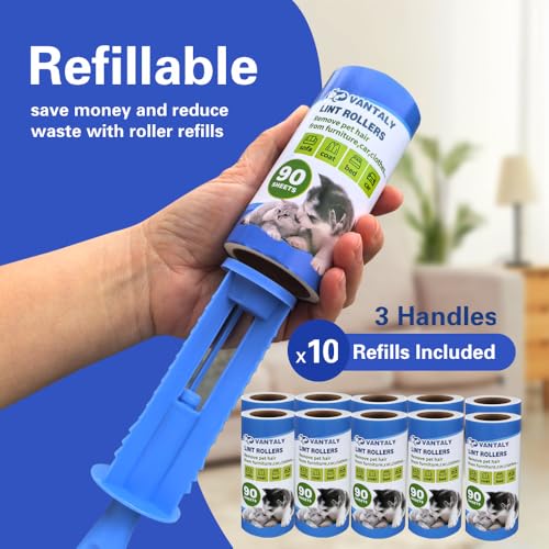 Extra Sticky Lint Roller Mega Value Set 900 Sheets for Pet Hair Removal and Clothes (10pack(900sheets+3hanldes))