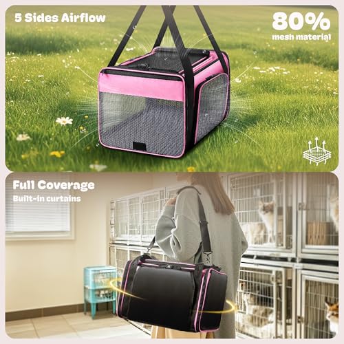 Top and 2 Sides Expandable Pet Carrier 17x11x9.5 TSA Airline Approved (Pink / 17.0"L x 11.0"W x 9.5"H)