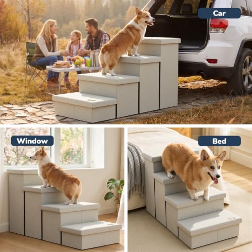 4 Step Wide Dog Stairs with Storage 23" H (Beige / 40"D x 17"W x 23"H)