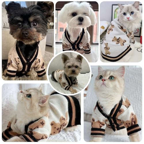 Small Dog Sweaters Cute Bear Dog Cardigans Clothes for Small Medium Dogs Boy Girl Puppy Cat Knitting Cardigan Outfits Dogs Winter Coats Warm Pet Doggy Clothes Soft Knitwear Apparel (Beige / X-Large)