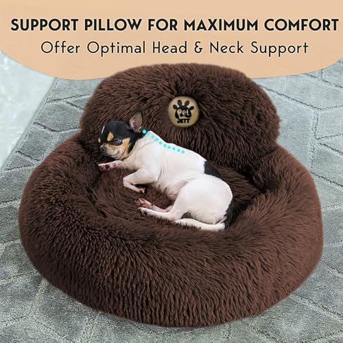 PetJett Calming Dog Bed for Small Dogs (Brown / Small - 23”L x 23”W x 8”Th)