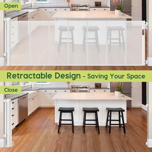 Reinforced 80 Inch Extra Wide Retractable Baby Gate with Support Rods (White / 33" Tall x 80" Wide（ With Reinforced Bar ）)