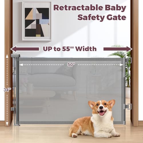 Retractable Baby Gate for Stairs & Doorways (Gray / 34" Tall x 55" Wide)