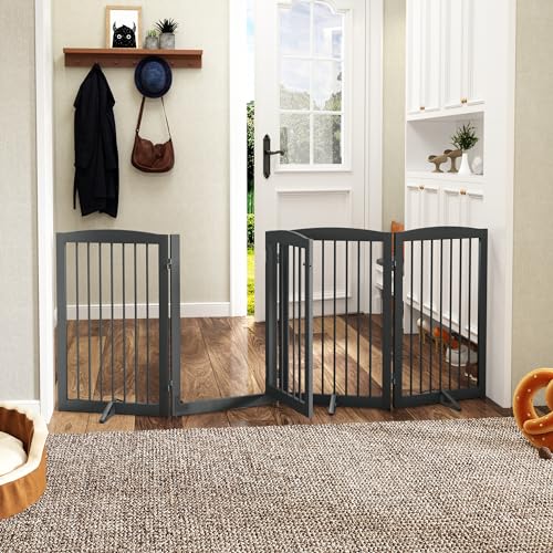 Freestanding Dog Gates with Door Walk Through (4 Panel 32" / Gray)