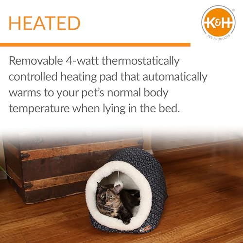K&H Heated Cat Bed (Navy/Geo Flower / 17 X 15 X 13 Inches / Heated)