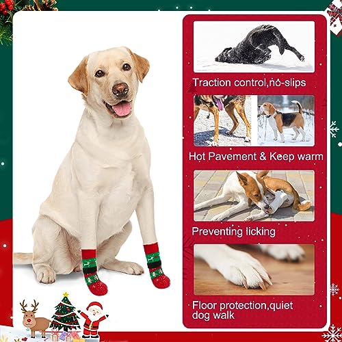 Christmas Dog Socks to Prevent Licking Paws for Cold Pavement (Christmas Red & Green / L(Pack of 4))