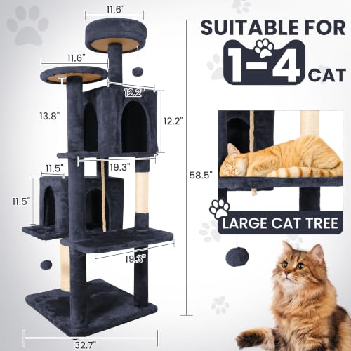 58.5inch Large Cat Tree Tower Condo for Indoor Cats (58.5in / Light Black)