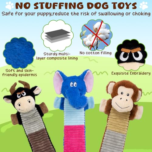 No Stuffing Dog Squeaky 3 Pack Toys (Elephant&Monkey&Cattle)