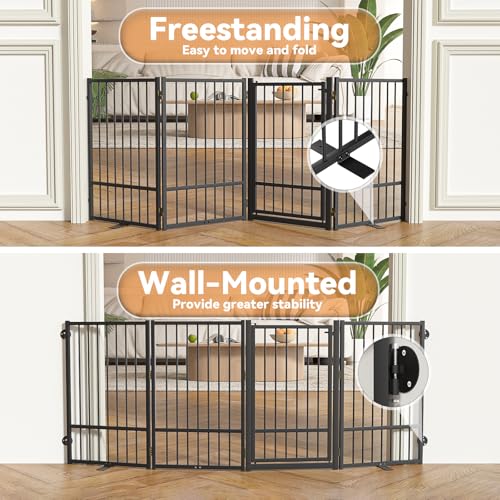 Full Metal Freestanding Dog Gate with Door (【4 Panels】80"W*32H" / Black)
