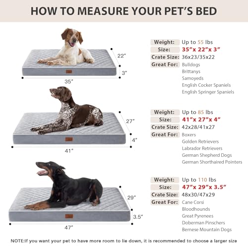 Orthopedic Waterproof Large Dog Bed for Crate Cozy Sleep (Light Grey / 35"L x 22"W x 3"Th)