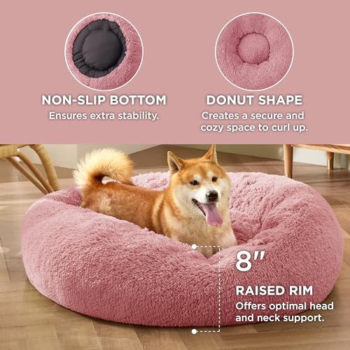 Calming Dog Bed Medium Size Dog Donut Washable Pet Bed (30"L x 30"W x 8"Th / Mauve Blush)