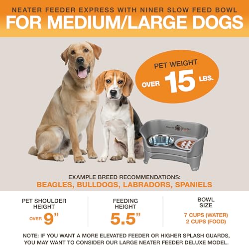 Express Mess Proof Dog Bowls Elevated for Medium and Large Breed (Medium to Large w/ 9 Peak Slow Feed Bowl / Gunmetal Grey)