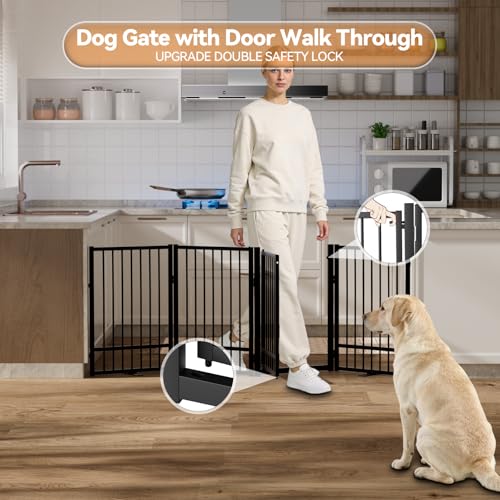 Full Metal Freestanding Dog Gate with Door (【4 Panels】80"W*32H" / Black)