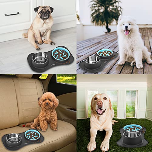 Slow Feeder Dog Bowls 3 in 1 Stainless Steel Food Water Bowl to Slow Eating (Small ＆ Medium Breed / Dark Grey)