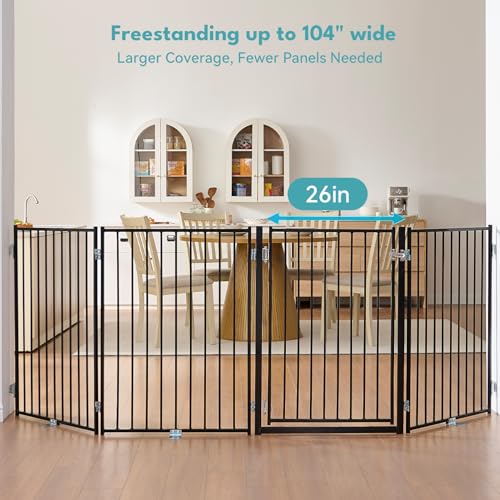 Freestanding Dog Gate with Door for Indoor & Outdoor (Black / 【4 Panels with Door】104"W×36"H)