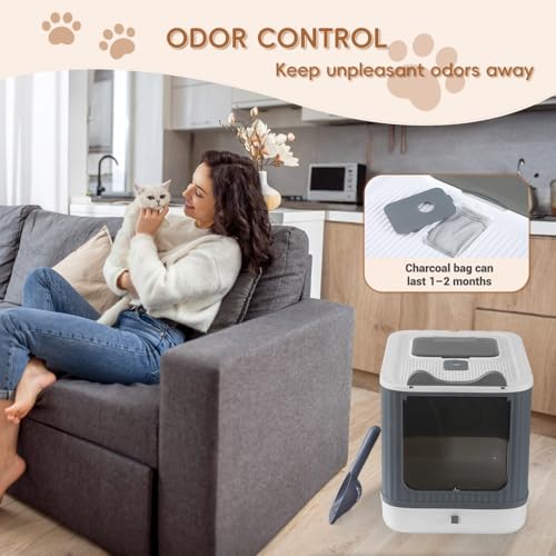 Foldable Enclosed Cat Litter Box with Lid (White&Grey)