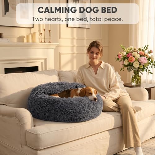 Covered Medium Dog Bed with Blanket Attached Calming Burrow Deep Grey (26.0"L x 26.0"W x 9.0"Th / Grey)