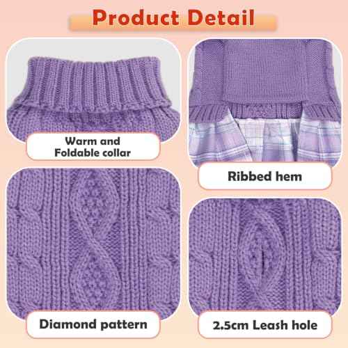 2 Pack Small Dog Sweater Dress with Bowtie Turtleneck (Small (5-8lbs) / Pink+Purple)