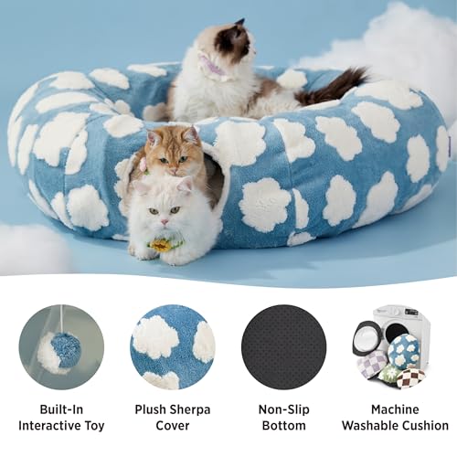 Lesure Donut Cute Jacquard Large Cat Tunnel Bed Kitten Toys for Dog Bunny (large (39.5"L x 39.5"W x 10"H) / Cozy Clouds Blue)