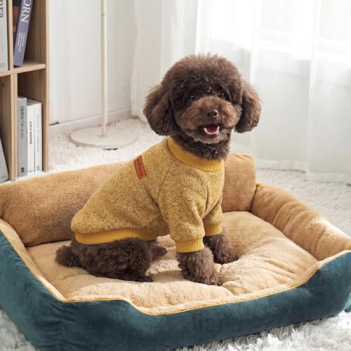 2 Pack Dog Sweaters for Small Dogs Girl Boy Winter Fleece Clothes Warm Soft Dog Sweatshirt Outfit for Dogs Cats Pet Apparel (Brown+Yellow / M (Back: 13.7", Chest: 17.7", 10-14 lbs))
