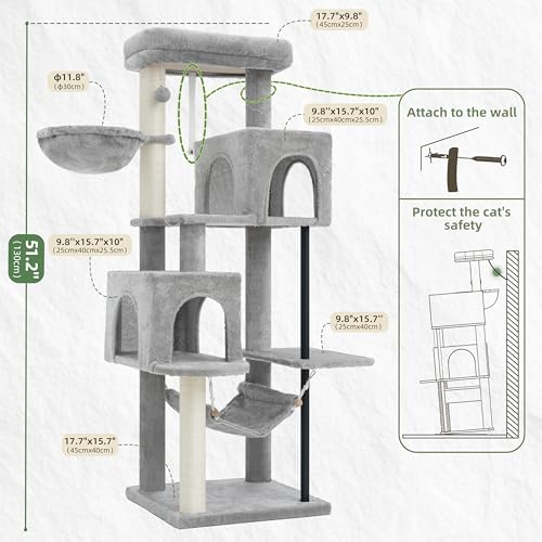 Cat Tree Tower with Sturdy Steel Tube for Indoor Cats GCT014W (51.2 inches / Light gray)