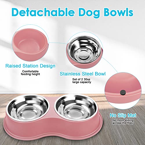 Stainless Steel Dog Bowls Double Non (Large-34oz / 5.Pink)
