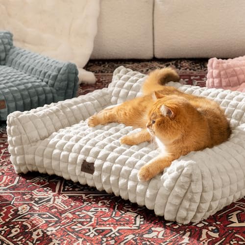 Cat Couch Bed with Fluffy Faux Rabbit Fur for Indoor Cats (Off White / Medium: 30"L x 20"W x 10"Th)