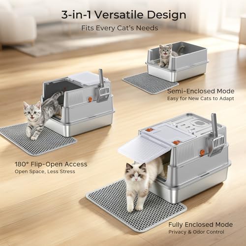 Small Stainless Steel Cat Litter Box with Lid for Kittens (Light Gray / Small)