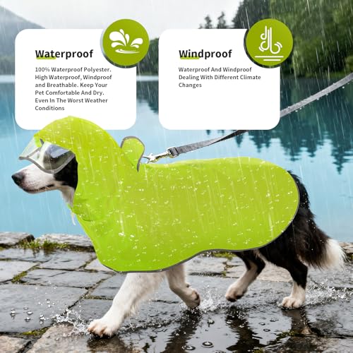 Dog Raincoat Dog Rain Jacket Poncho with Hood and Leash Hole (Neon Green / 4XL(50-55lbs))