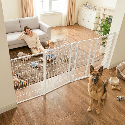 Dog Gate Extra Wide Adjustable for Openings Up to 111" (White / Up to 111" W【3 Panels + 1 Door】 / 45"H)