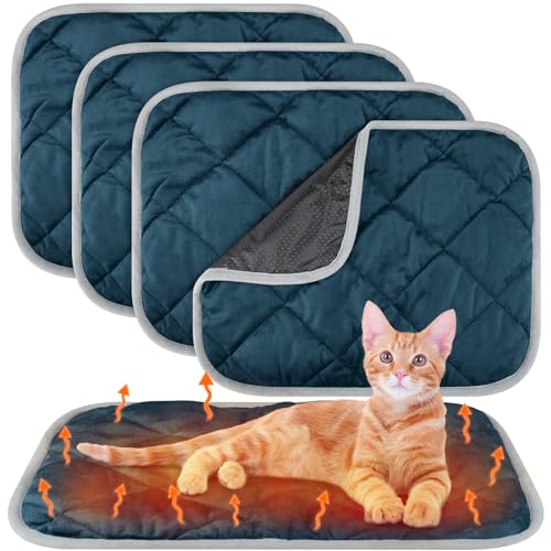 4 Pack Self Heating Cat Pad Self Warming Dog Mat Reflects Body Heat Extra Warm Thermal Pet Pad Washable Dog Cat Bed Crate Bed Mat Blanket (16 x 20 Inch / Dark Blue)