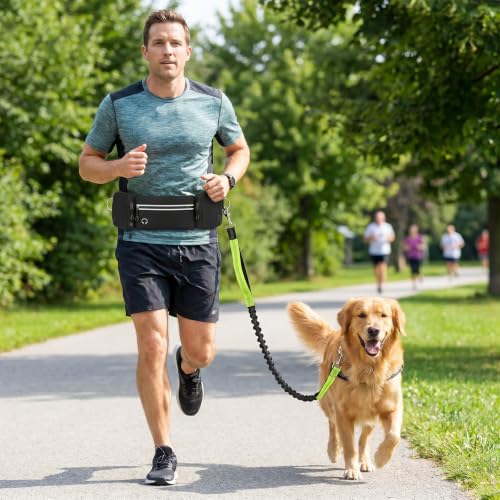 Hands Free Dog Leash 3 Zipper Pounchs with Reflective Strips Poop Bag Dispenser (Green)