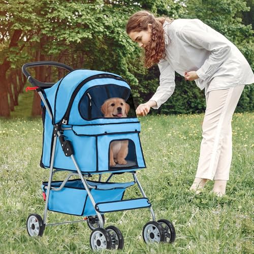 4 Wheel Foldable Pet Stroller (Blue / 4 Wheels)