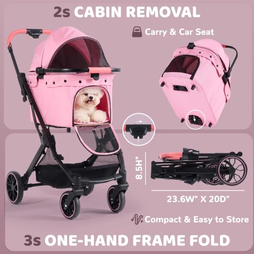 Dog Stroller for Small to Medium Dogs with Detachable Carrier (Sakura Pink)