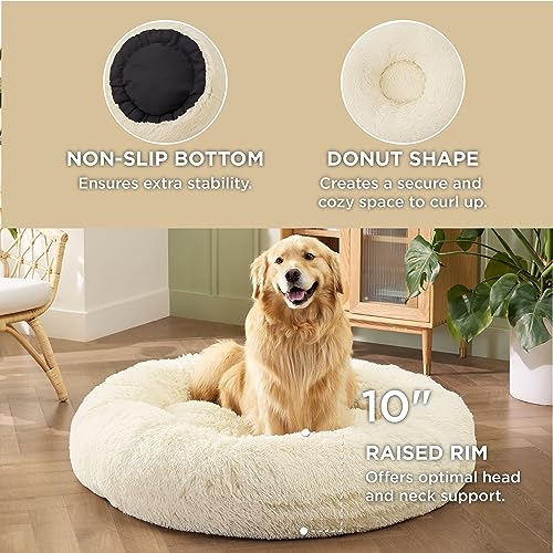 Calming XL Dog Bed Donut Washable Extra Large Pet Bed (45"L x 45"W x 10"Th / Ivory Beige)