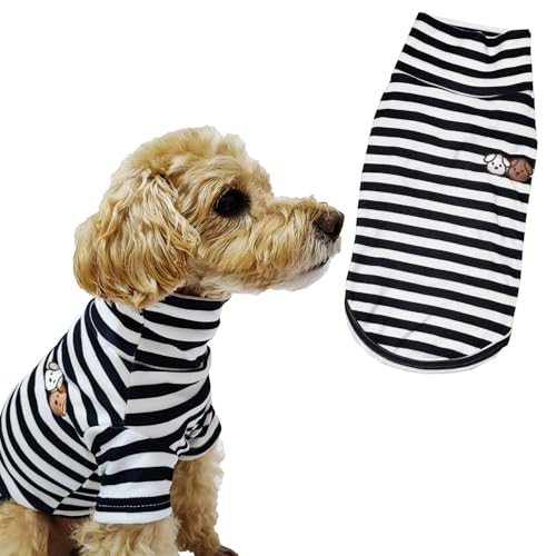 Turtleneck Dog Shirt Cute Doggie Embroidery Super Soft Dog Sweatshirt Stretchy Striped Puppy Pullover for Cats Small Medium Large Dogs (Black Striped / X-Small)