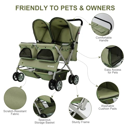Double Pet Stroller for 2 Small Dogs & Cats (Green)