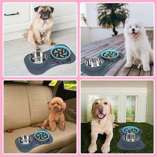 Slow Feeder Dog Bowls 3 in 1 Stainless Steel Food Water Bowl to Slow Eating (Small ＆ Medium Breed / Light Grey)