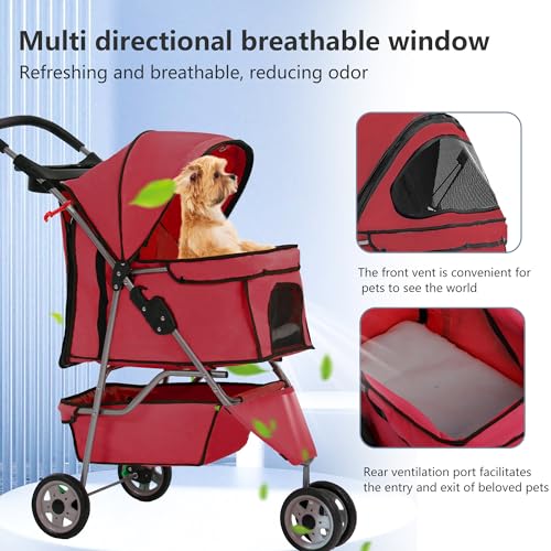 3 Wheel Foldable Pet Stroller (Red / 3 Wheels)