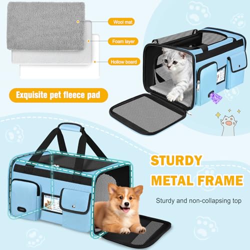 Large Cat Carrier Travel Soft Sided Pet Carrier Airline Approved (Light Blue)