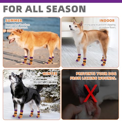 Anti Slip Halloween Dog Socks to Prevent Licking Paws (Orange&purple With Woof / Medium (4 Pack))