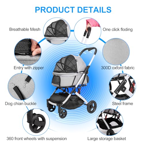 Pet Stroller for Medium Small Dog & Cat (Gray)