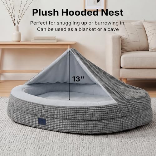 2-in-1 Dog Cave Bed with Cover, Covered Dog Bed for Large Dogs (Gray / 42"L x 32"W x8"Th)
