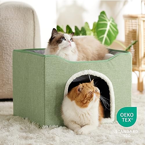 Cat House Bed for Indoor Cats with Fluffy Ball and Scratch Pad (Green / Single)