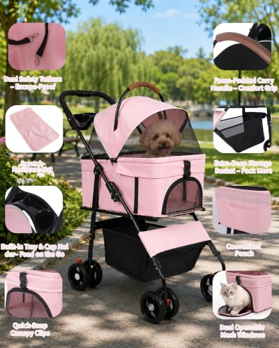 Pet Stroller 3 in1 Foldable Dog Cat Stroller with Detachable Carrier (PINK)