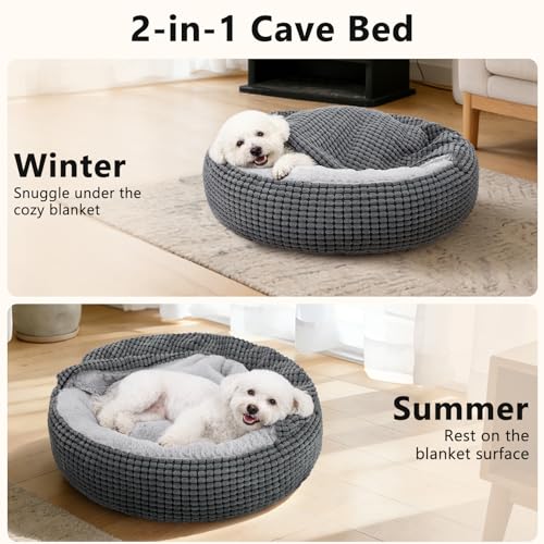 Dog Bed with Attached Blanket for Small Dogs or Cats (Grey / M(26''x26''x8''))